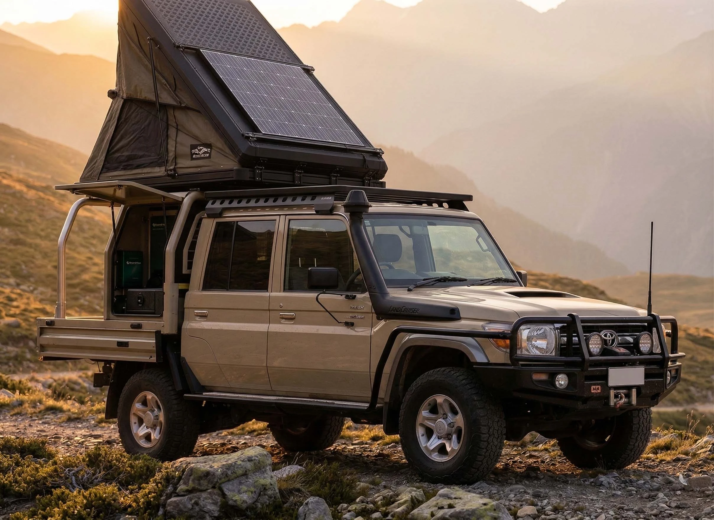 4WD with a rooftop tent, solar panel and touring setup 4WD with a rooftop tent, solar panel and touring setup